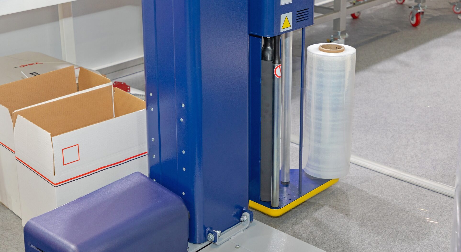 A roll of stretch film on a pallet wrapping machine.